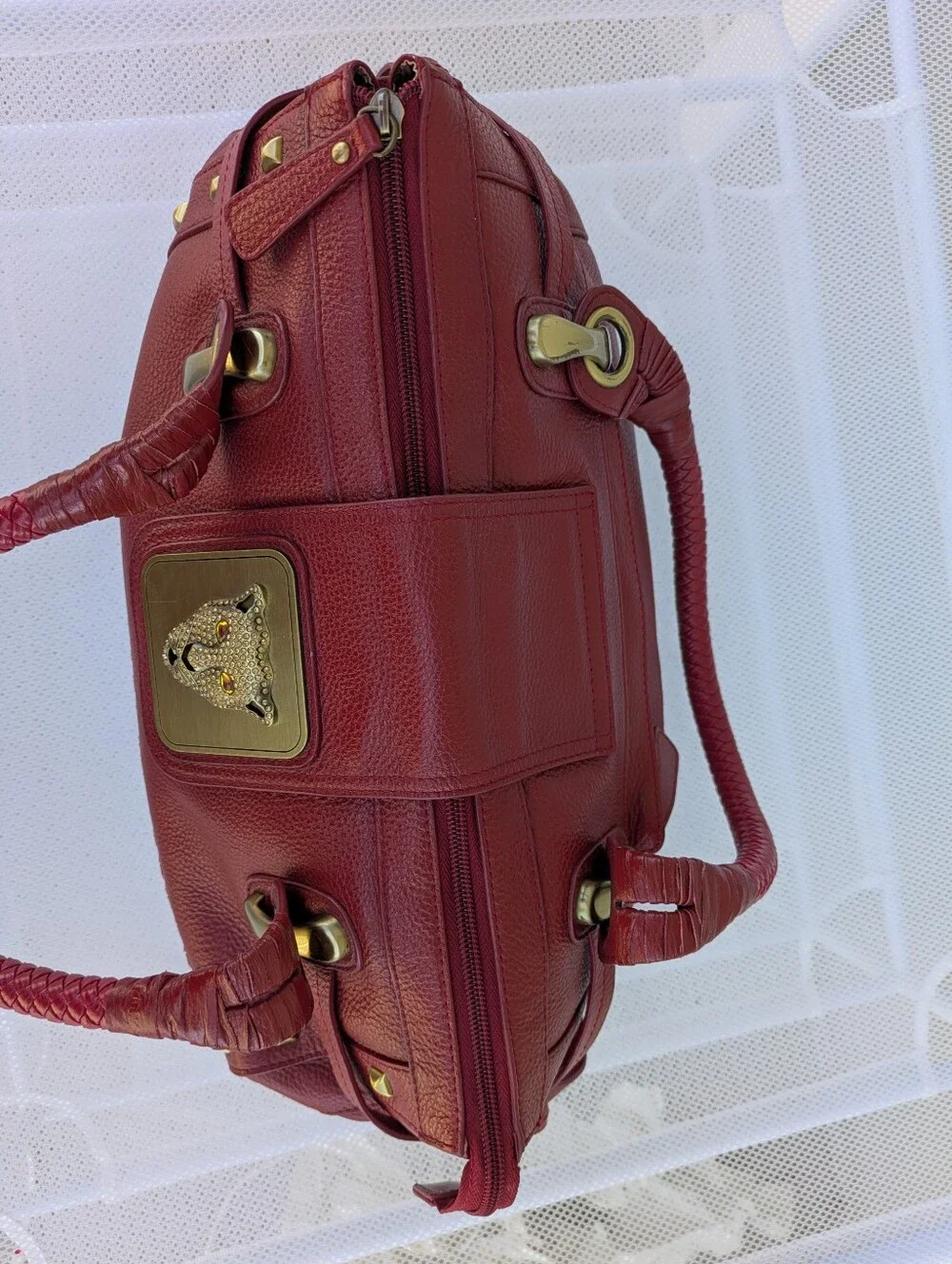 Sharif 1827 Red Leather Panther Hardware Satchel Tote Bag Y2K VTG
